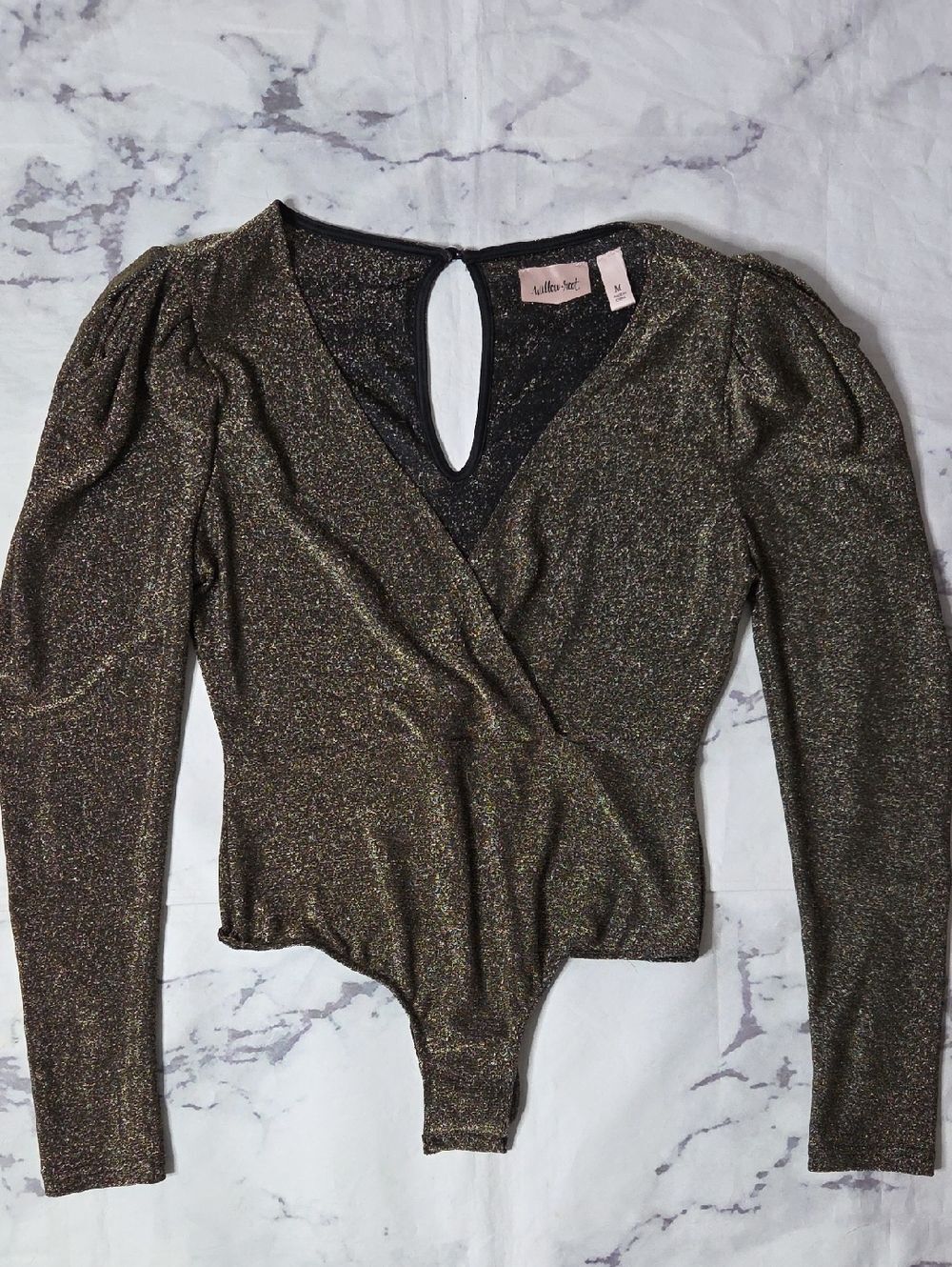 Willow+Root Black Shimmery Gold Wrap-Front Long Sleeve Bodysuit